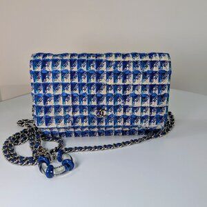 Chanel Blue and White Tweed Wallet on Chain (WOC) with "Lifebuoy" Charm
